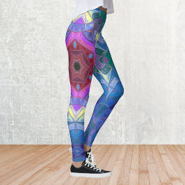Mosaic Mandala Flower Pink Blue and Yellow Leggings