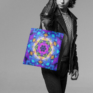 Mosaic Mandala Flower Pink Blue and Yellow Tote Bag