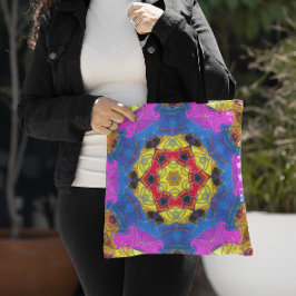 Mosaic Mandala Flower Pink Yellow and Blue Tote Bag