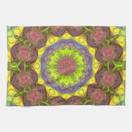 Mosaic Mandala Flower Pink Yellow en Green Theedoek