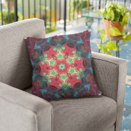 Mosaic Mandala Flower Red Blauwgroen en Blue Kussen