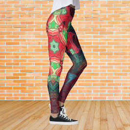 Mosaic Mandala Flower Red Blauwgroen en Blue Leggings