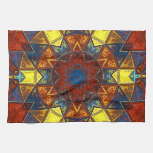 Mosaic Mandala Flower Red Yellow and Blue Theedoek (Horizontaal)