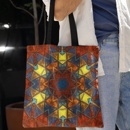 Mosaic Mandala Flower Red Yellow and Blue Tote Bag
