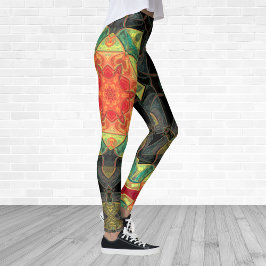 Mosaic Mandala Flower Red Yellow Green and Black Leggings