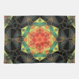 Mosaic Mandala Flower Red Yellow Green and Black Theedoek