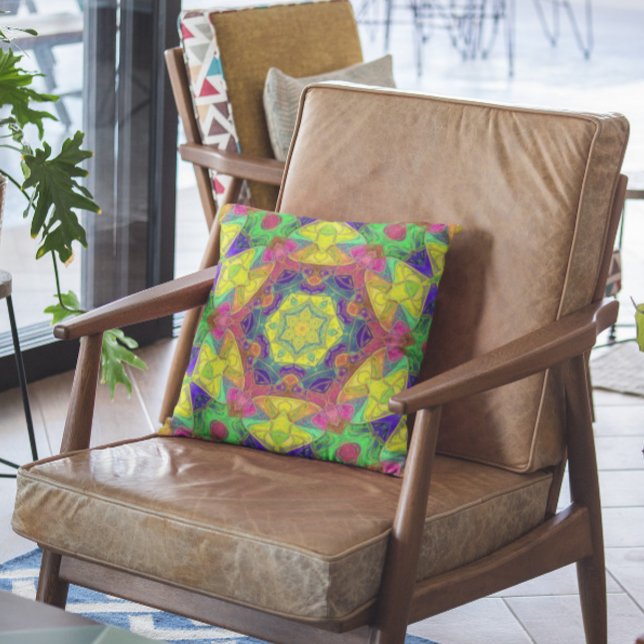 Mosaic Mandala Flower Yellow Blue en Green Kussen (Creator heeft geüpload)