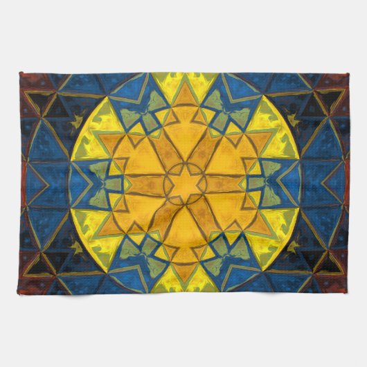 Mosaic Mandala Flower Yellow Blue en Red Theedoek (Horizontaal)