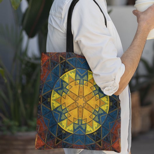 Mosaic Mandala Flower Yellow Blue en Red Tote Bag