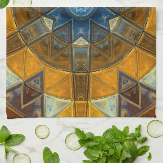 Mosaic Mandala Flower Yellow en Blue Theedoek (Gevouwen)