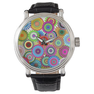 Mosaic Pinwheels  lederen riem zwart horloge