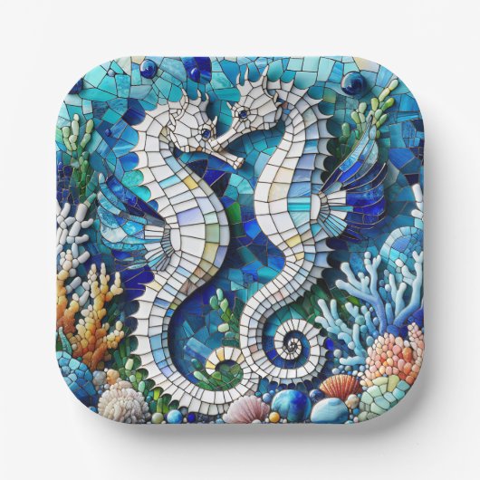 Mosaic Seahorses Romantic Beachy   Papieren Bordje (Voorkant)