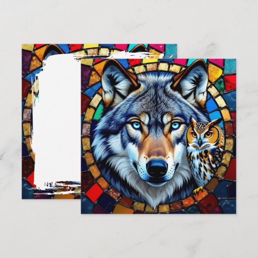 Mosaic Style Owl and Wolf | Blank Feestdagenkaart (Voorkant / Achterkant)