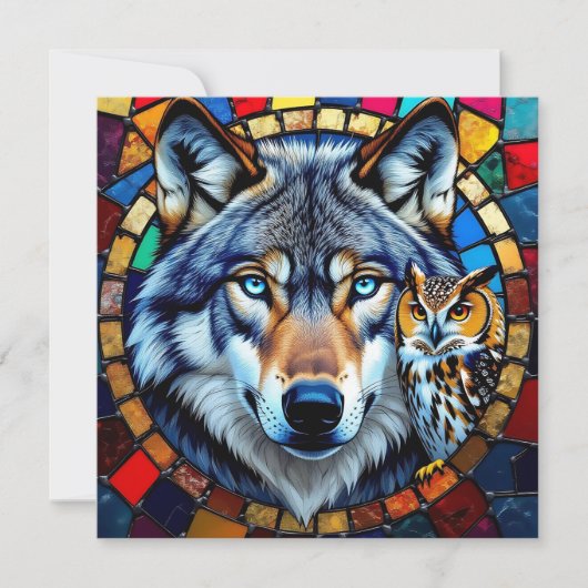 Mosaic Style Owl and Wolf | Blank Feestdagenkaart (Voorkant)