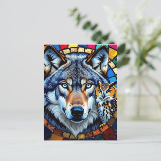 Mosaic Style Owl and Wolf | Keeping in Touch Briefkaart (Staand voorkant)