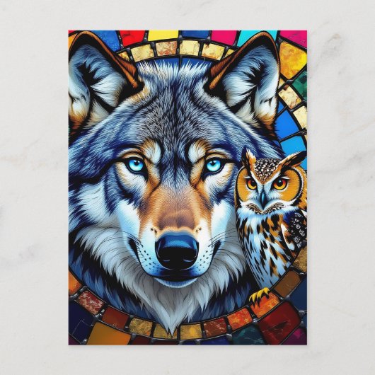 Mosaic Style Owl and Wolf | Keeping in Touch Briefkaart (Voorkant)