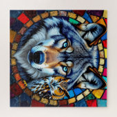 Mosaic Style Owl and Wolf Wildlife Vibrant Legpuzzel (Horizontaal)
