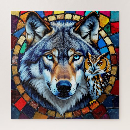 Mosaic Style Owl and Wolf Wildlife Vibrant Legpuzzel (Verticaal)