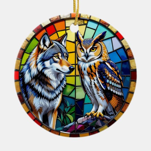 Mosaic Wolf and Owl  Art Personalized Christmas Keramisch Ornament (Voorkant)