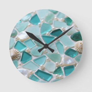 Mosaïek van Zeeglas Turquoise Kustcharme Ronde Klok