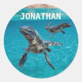 Mosasaur Water Dinosaurus Monogram naam Ronde Sticker (Voorkant)