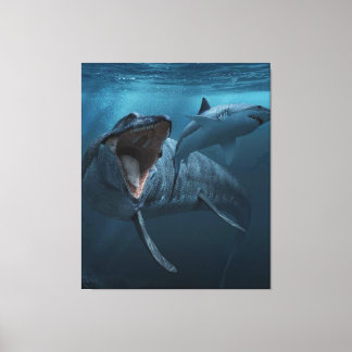 Mosasaurus achtervolgde haai canvas afdruk