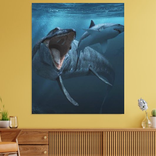 Mosasaurus achtervolgde haai canvas afdruk (Insitu (Woonkamer))