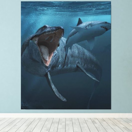 Mosasaurus achtervolgde haai canvas afdruk (Insitu (Houten vloer))