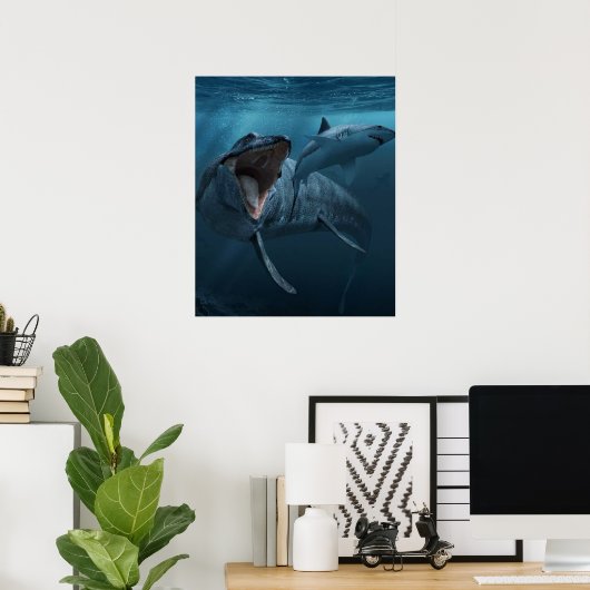 Mosasaurus achtervolgde haai poster (Thuiskantoor)