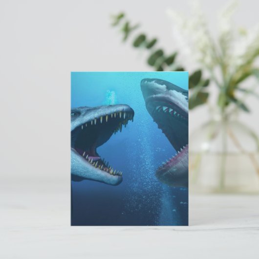 Mosasaurus versus megalodon briefkaart (Staand voorkant)