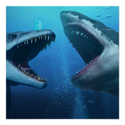 Mosasaurus versus megalodon perfect poster (Voorkant)