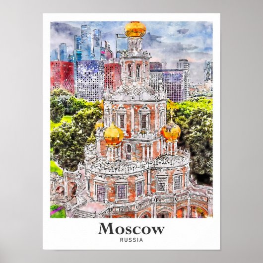 Moscow Russia Travel Waterverf Sketch Hand geteken Poster (Voorkant)