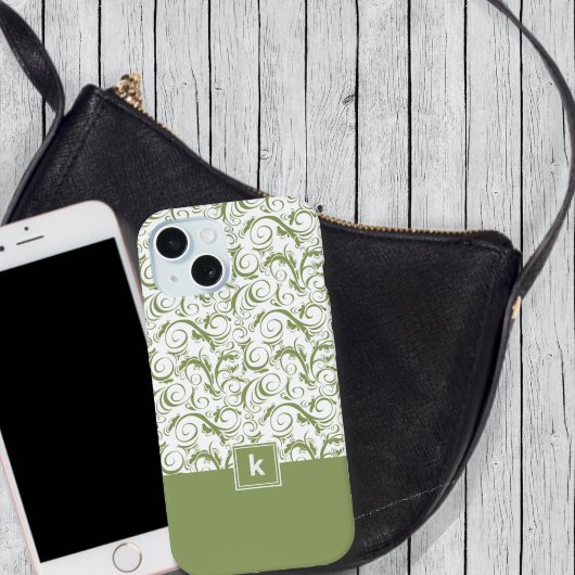 Mosgroen Damast Patroon Monogram iPhone 15 Case