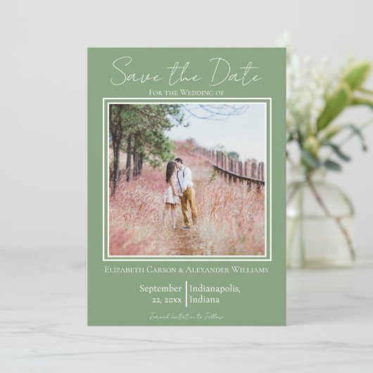 Mosgroen Minimalistische Foto Bewaar De Datum Save The Date (Staand voorkant)