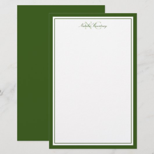 Mosgroen Twee Monogram Dikke en Dunne Rand  Briefpapier (Voorkant / Achterkant)