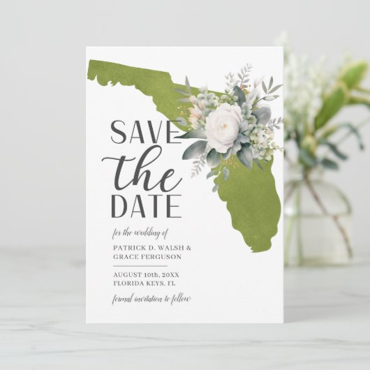 Mosgroene bloem Floridahuwelijk op bestemmingsloca Save The Date (Staand voorkant)