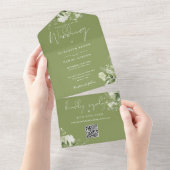 Mosgroene bloemencode QR Monogram Huwelijk All In One Uitnodiging (Afscheurbaar)