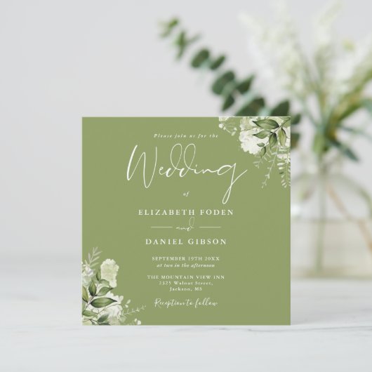 Mosgroene bloemige groenblijvende vierkante trouwf kaart (Staand voorkant)