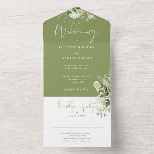 Mosgroene bloemige groene monogram bruiloft all in one uitnodiging (Binnen)