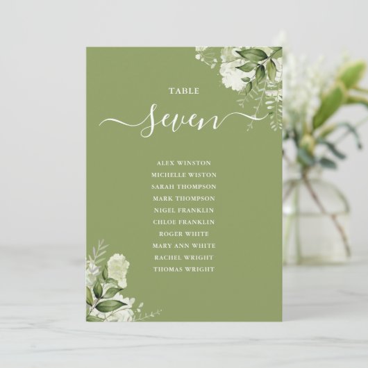 Mosgroene bloemstuk zitplaats plan tafelnummer (Staand voorkant)