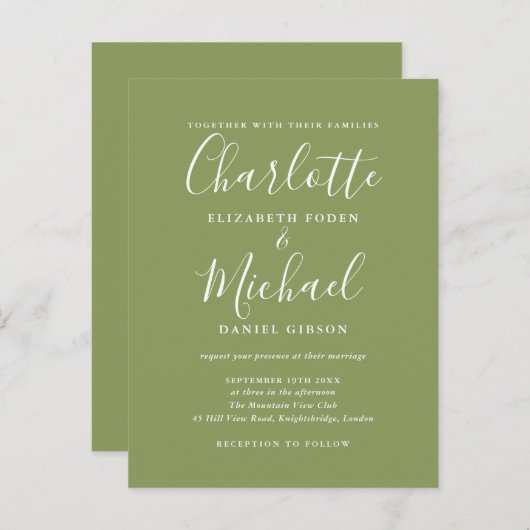 Mosgroene Elegante Moderne Scriptie Bruiloft Uitnodiging Briefkaart (Voorkant / Achterkant)