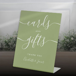 Mosgroene handtekening script kaarten en cadeaus reclamebord met voetstuk