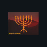 Moshe's Menorah Canvas Afdruk<br><div class="desc">Een afbeelding van de zeven vertakte menorah (candelabra) die de Israëliërs na de uittocht uit Egypte hebben gemaakt. Voeg je eigen tekst toe. In de Torah Moshe Rabbenu wordt gezegd: "Je zult een Menorah van zuiver goud maken, geslagen, de Menorah wordt gemaakt, zijn basis, zijn tak, zijn goblets, zijn knoppen,...</div>