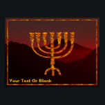 Moshe's Menorah Poster<br><div class="desc">Een afbeelding van de zeven vertakte menorah (candelabra) die de Israëliërs na de uittocht uit Egypte hebben gemaakt. Voeg je eigen tekst toe. In de Torah Moshe Rabbenu wordt gezegd: "Je zult een Menorah van zuiver goud maken, geslagen, de Menorah wordt gemaakt, zijn basis, zijn tak, zijn goblets, zijn knoppen,...</div>