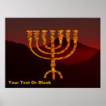 Moshe's Menorah Poster<br><div class="desc">Een afbeelding van de zeven vertakte menorah (candelabra) die de Israëliërs na de uittocht uit Egypte hebben gemaakt. Voeg je eigen tekst toe. In de Torah Moshe Rabbenu wordt gezegd: "Je zult een Menorah van zuiver goud maken, geslagen, de Menorah wordt gemaakt, zijn basis, zijn tak, zijn goblets, zijn knoppen,...</div>