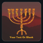 Moshe's Menorah Vierkante Sticker<br><div class="desc">Een afbeelding van de zeven vertakte menora (kandelaar) gemaakt door de Israëlieten na de Exodus uit Egypte. Aanpassen door uw eigen tekst toe te voegen. In de Thora wordt Moshe Rabbenu verteld: "Gij zult een Menora maken van zuiver goud, uitgeslagen, zal de Menora worden gemaakt, zijn basis, zijn tak, zijn...</div>