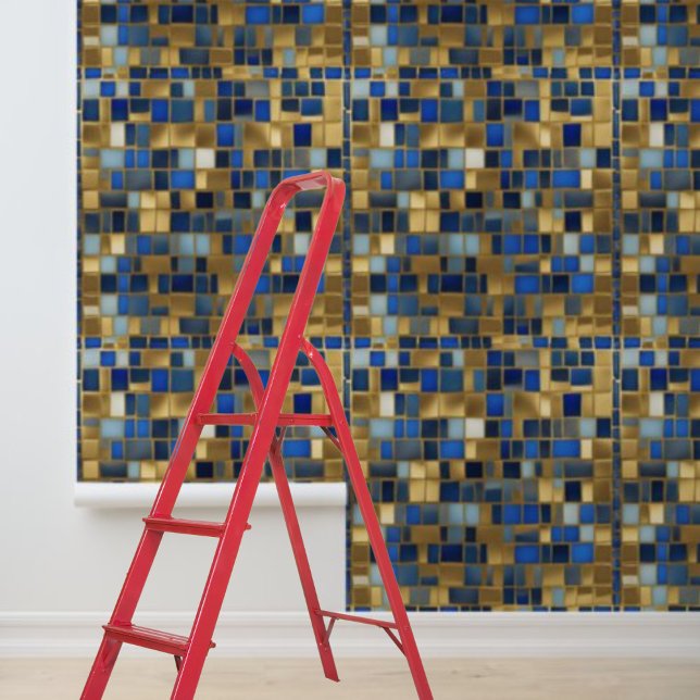 Mosiac Gold Blue Tegels Pattern Peel Stick Behang (Mosiac Gold Blue Tiles Pattern Peel Stick Wallpaper)