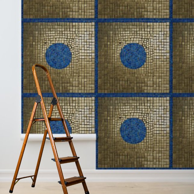 Mosiac Vierkant Patroon Blauw Goud Peel Stick Behang (Mosiac Square Pattern Blue Gold Peel Stick Wallpaper)