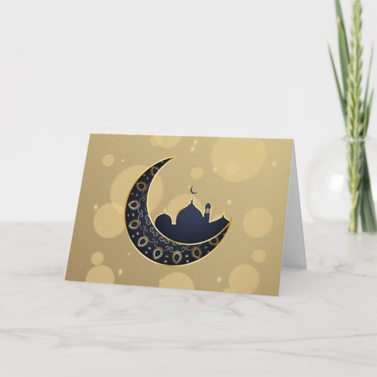 Moskee Crescent Moon Ramadan, blauw, goud Feestdagen Kaart (Voorkant)