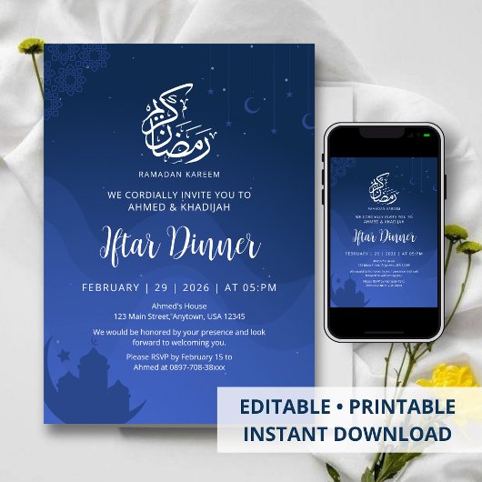 Moskee uitnodiging Ramadan Iftar Blauwe Nachtelijk